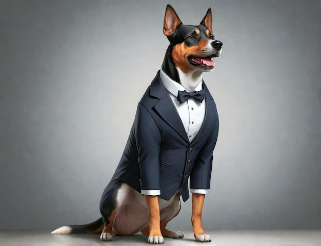 Foto perro vestido con traje con corbata de pajarita retrato de moda de un animal antropomórfico