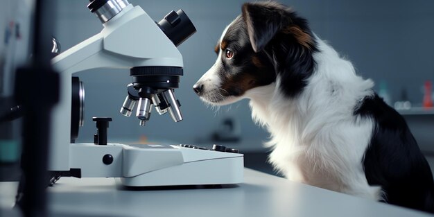 Foto perro veterinario con el microscopio