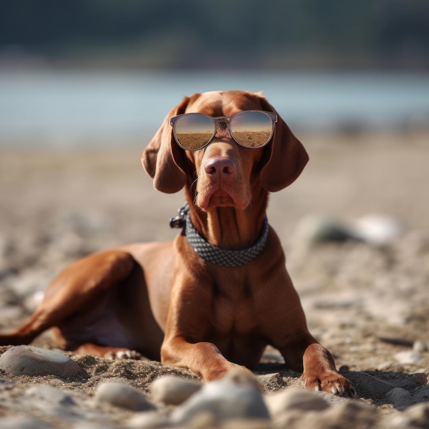 El perro Vizsla húngaro con gafas de sol está tumbado en la arena de la playa Creado con herramientas generativas Al