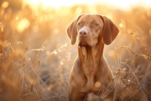 Perro Vizsla parado en un campo de hierba alta durante la hora dorada con luz solar cálida IA generativa