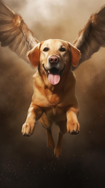 Perro volando en el aire con alas HD 8K fondo de pantalla Stock Photographic Image