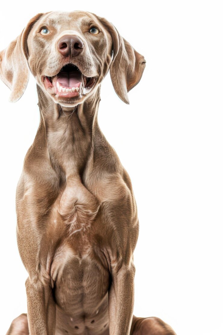 Un perro Weimaraner marrón alegre posando juguetón con una gran sonrisa contra un fondo blanco