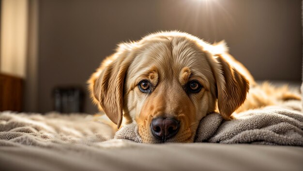 El perro yace en la cama en el dormitorio