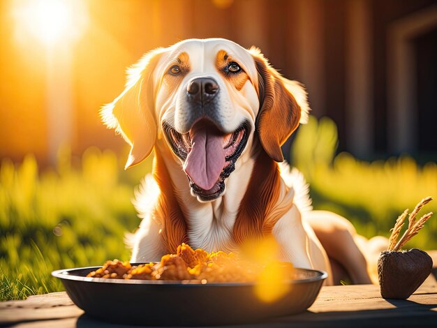 Perro yace frente a un plato de comida ai generativo