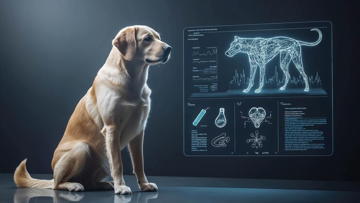 Un perro yace tranquilamente al lado de un escáner holográfico de rayos X AI generativa