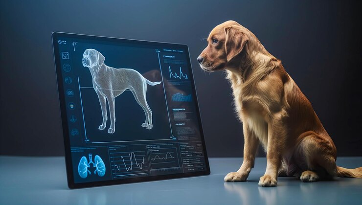 Un perro yace tranquilamente al lado de un escáner holográfico de rayos X AI generativa