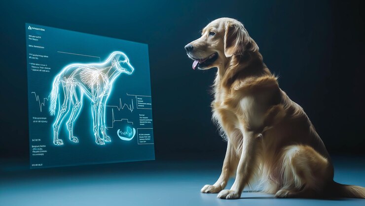 Un perro yace tranquilamente al lado de un escáner holográfico de rayos X AI generativa