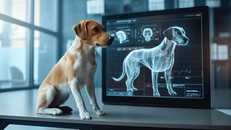 Un perro yace tranquilamente al lado de un escáner holográfico de rayos X AI generativa