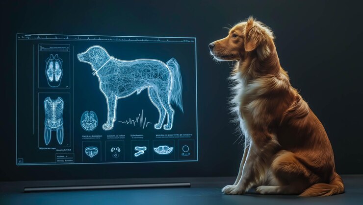 Un perro yace tranquilamente al lado de un escáner holográfico de rayos X AI generativa