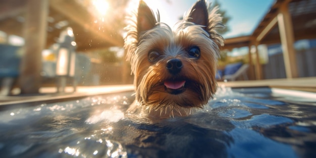 Un perro yorkshire terrier bañándose en una piscina