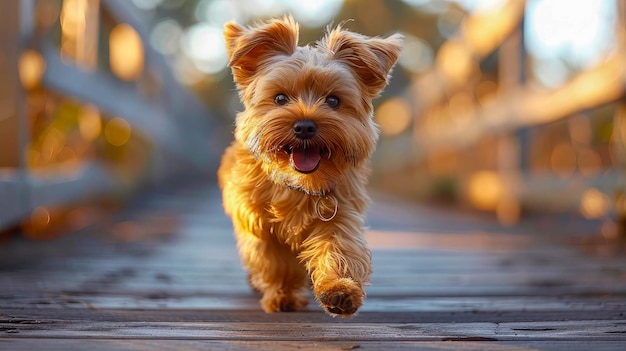 El perro Yorkshire Terrier corriendo por un puente de madera en otoño