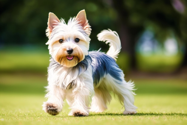 Un perro yorkshire terrier está caminando sobre la hierba.