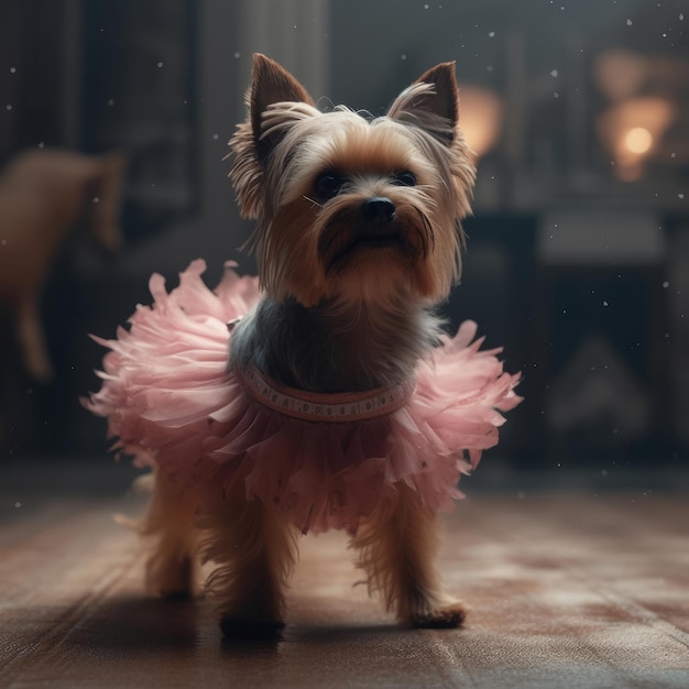 Perro Yorkshire Terrier con falda de ballet rosa claro está bailando como bailarina Ilustración AI Generat