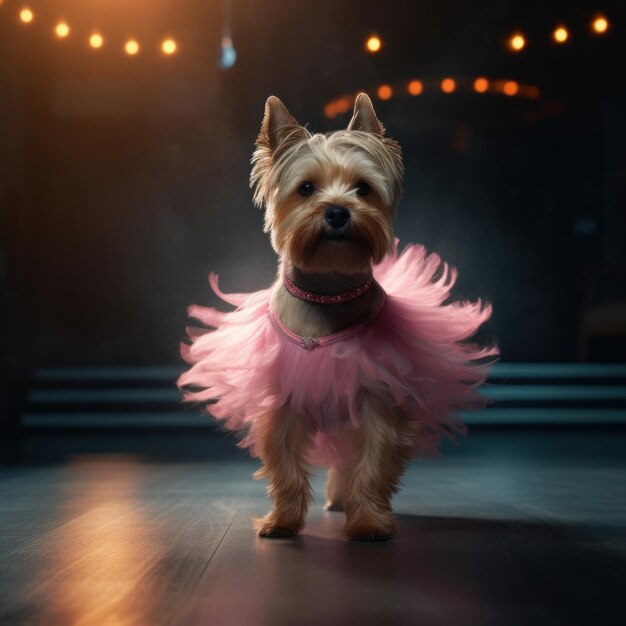 El perro Yorkshire Terrier con falda de ballet rosa está bailando como una bailarina Ilustración AI Generativo