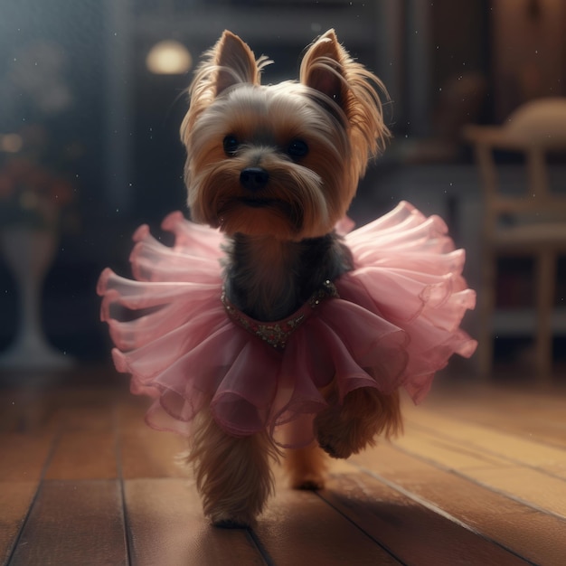 El perro Yorkshire Terrier con falda de ballet rosa está bailando como una bailarina Ilustración AI Generativo