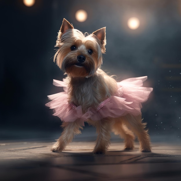 El perro Yorkshire Terrier con falda de ballet rosa está bailando como una bailarina Ilustración AI Generativo