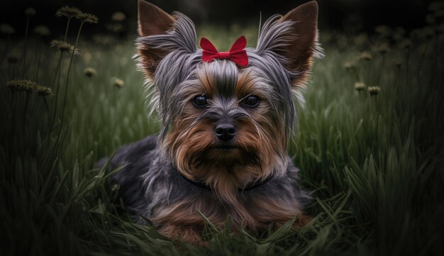 Foto perro yorkshire terrier con un lazo rojo