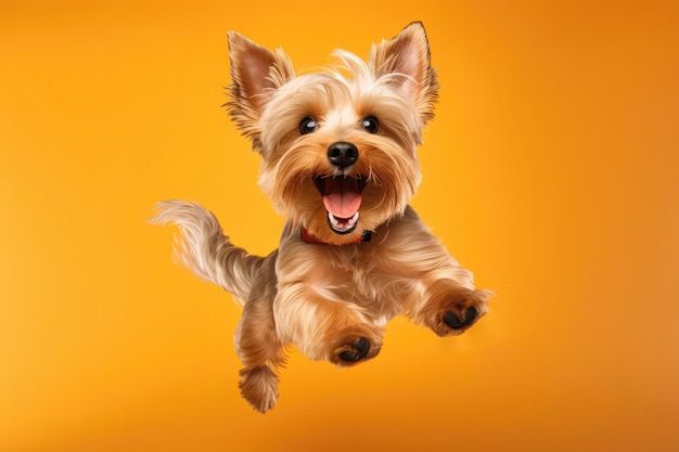 Perro Yorkshire Terrier muy feliz saltando en vuelo sobre fondo naranja