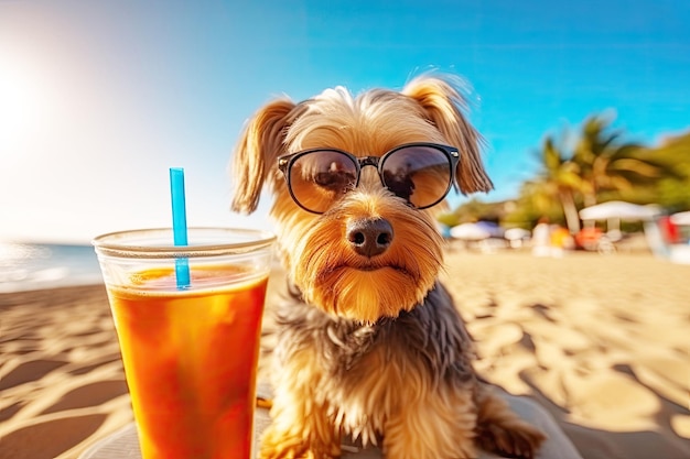 El perro Yorkshire terrier se relaja en la playa con un cóctel Concepto de vacaciones en el resort con mascotas