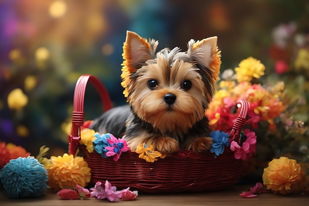 Perro Yorkshire Terrier súper adorable ubicado dentro de una canasta colorida