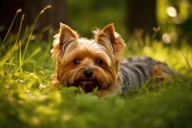 Perro Yorkshire Terrier yace en la hermosa hierba IA generativa