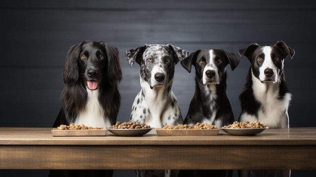 Perros adorables de diferentes razas reunidos en la mesa con cuencos de comida para perros