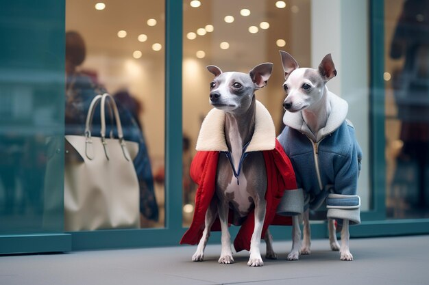 Foto perros antropomórficos parecidos a los humanos que llevan ropa con bolsas de compras para las fiestas