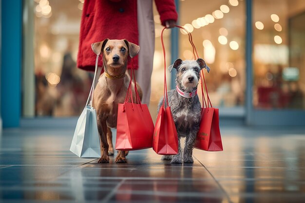 Foto perros antropomórficos parecidos a los humanos que usan ropa con bolsas de compras para las fiestas