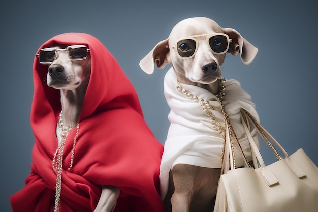 Perros antropomórficos parecidos a los humanos que usan ropa humana y compran con bolsas