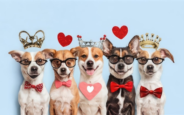Foto a los perros banner les encanta celebrar el día de san valentín con pegatinas en forma de corazón, corbatas, gafas y diademas.
