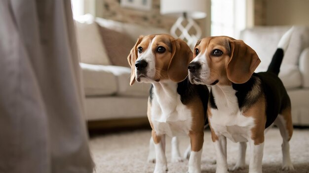 Foto los perros beagle se vuelven para mirar hacia el lado con sospecha