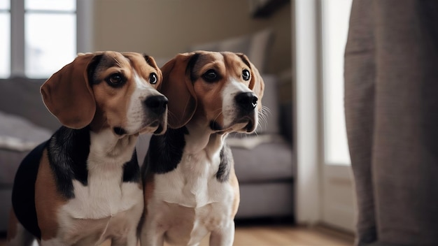 Foto los perros beagle se vuelven para mirar hacia el lado con sospecha