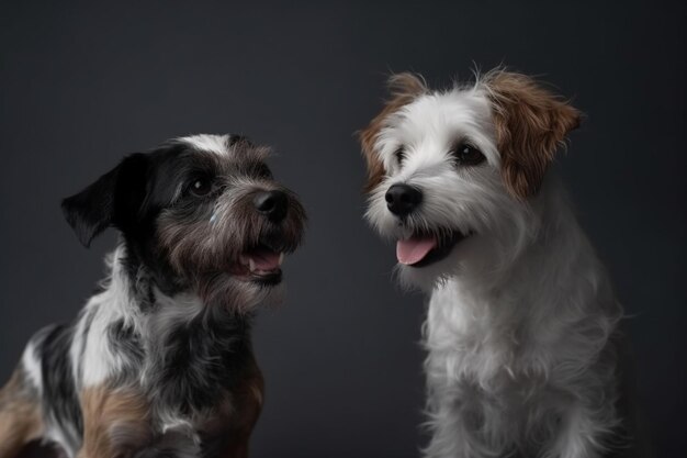 Los perros blancos, marrones y negros o las mascotas que juegan sobre un fondo gris parecen atentos y juguetones.