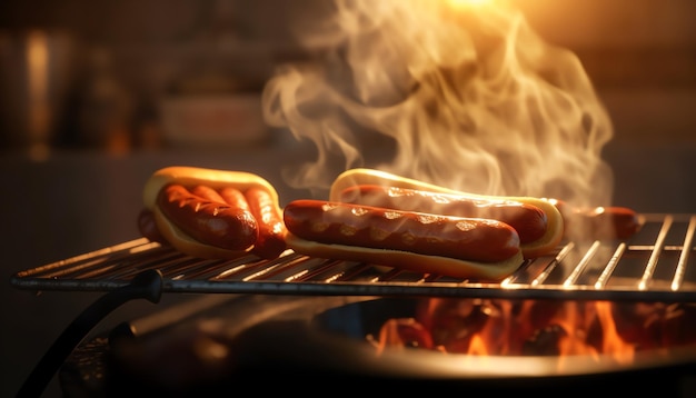 Perros calientes cocinando en una parrilla con un fuego en el fondo