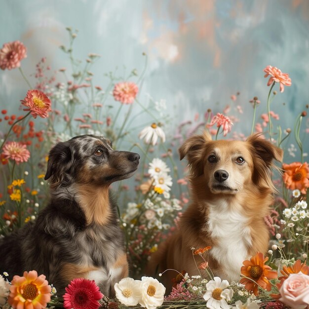 Perros en un campo de flores telón de fondo del Día Nacional del Perro