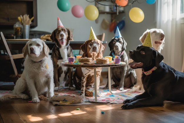 Foto perros celebrando cumpleaños con golosinas y gorros de fiesta