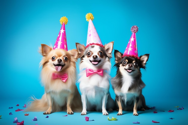 Foto perros celebrando con gorros de fiesta rutina de cuidado canino vida canina de lujo