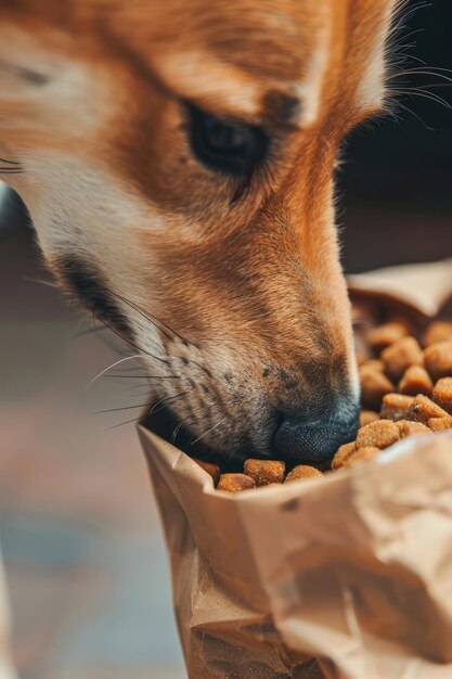 Foto los perros cierran la nariz olfateando comida seca en una bolsa de golosinas ia generativa