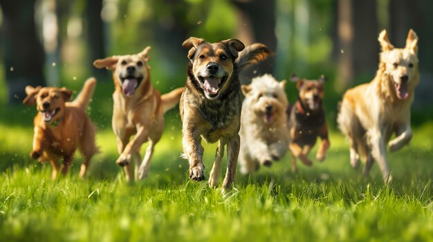 perros corriendo en la hierba con la boca abierta