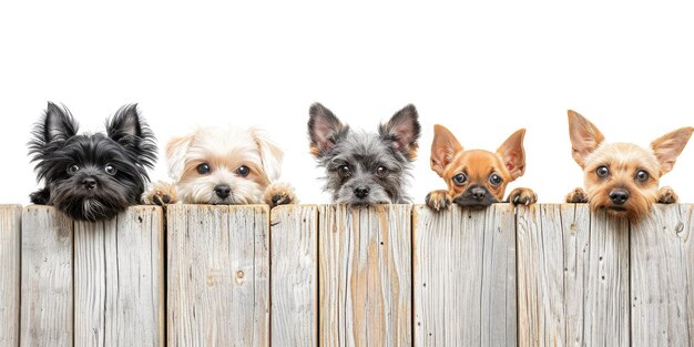 Perros de diferentes razas miran por detrás de la valla de madera Banner con mascotas y espacio para el texto