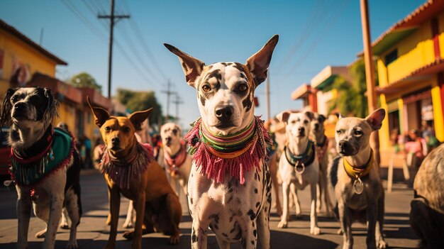 Perros disfrazados en la calle durante el desfile del Día de Muertos en México