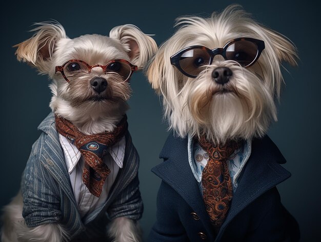 Perros elegantes con gafas de sol brillantes y collares juguetones con ropa elegante