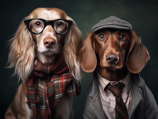 Perros elegantes con gafas de sol brillantes y collares juguetones con ropa elegante