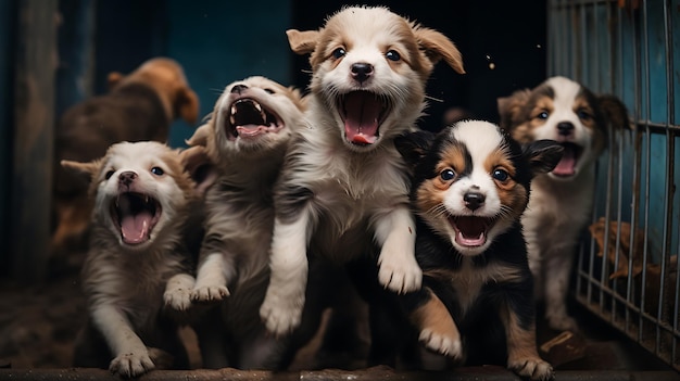 Foto perros emocionados en una perrera posiblemente para publicidad de adopción de mascotas