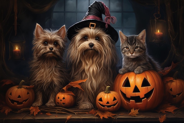 Perros con extravagantes disfraces de Halloween creados con IA generativa