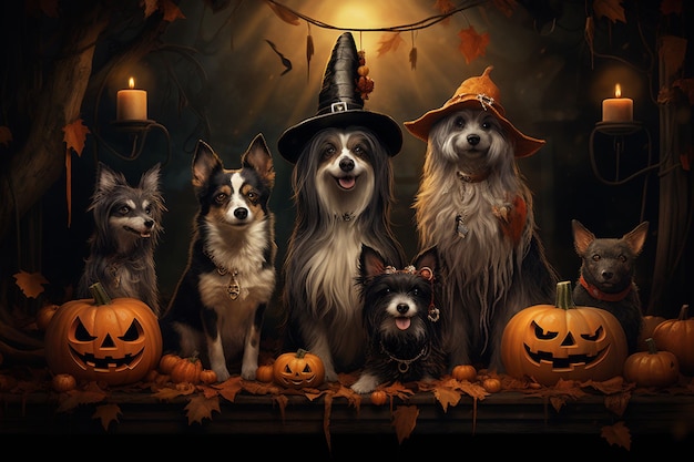 Perros con extravagantes disfraces de Halloween creados con IA generativa