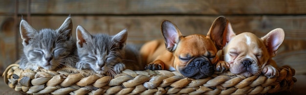 Perros y gatos durmiendo en una canasta