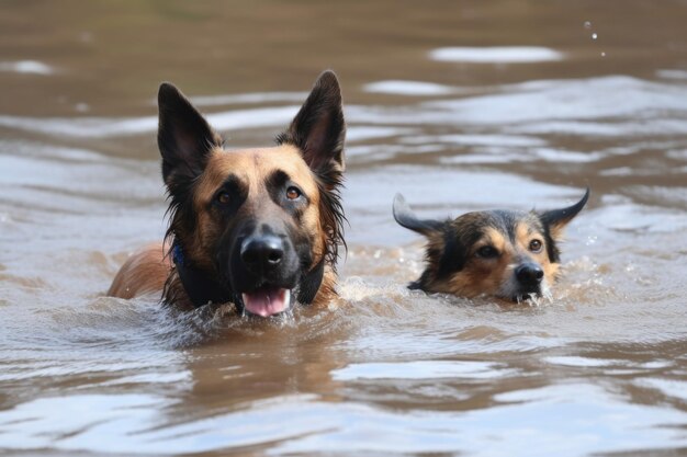 Perros y gatos héroes saltando al agua para rescatar a un nadador en apuros creados con IA generativa