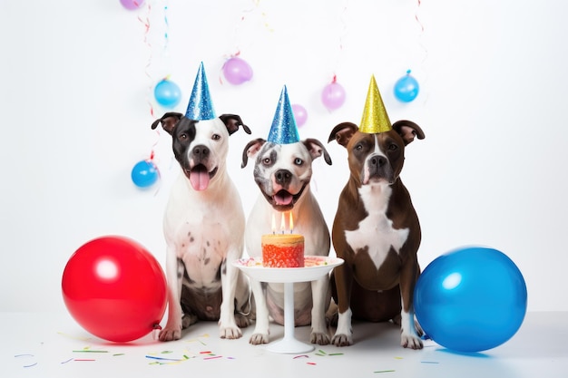 Perros con gorros de fiesta y globos celebran la vida con fondo blanco IA generativa