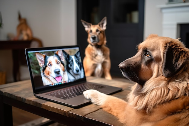 Perros hablando con amigos en una videoconferencia en una computadora portátil